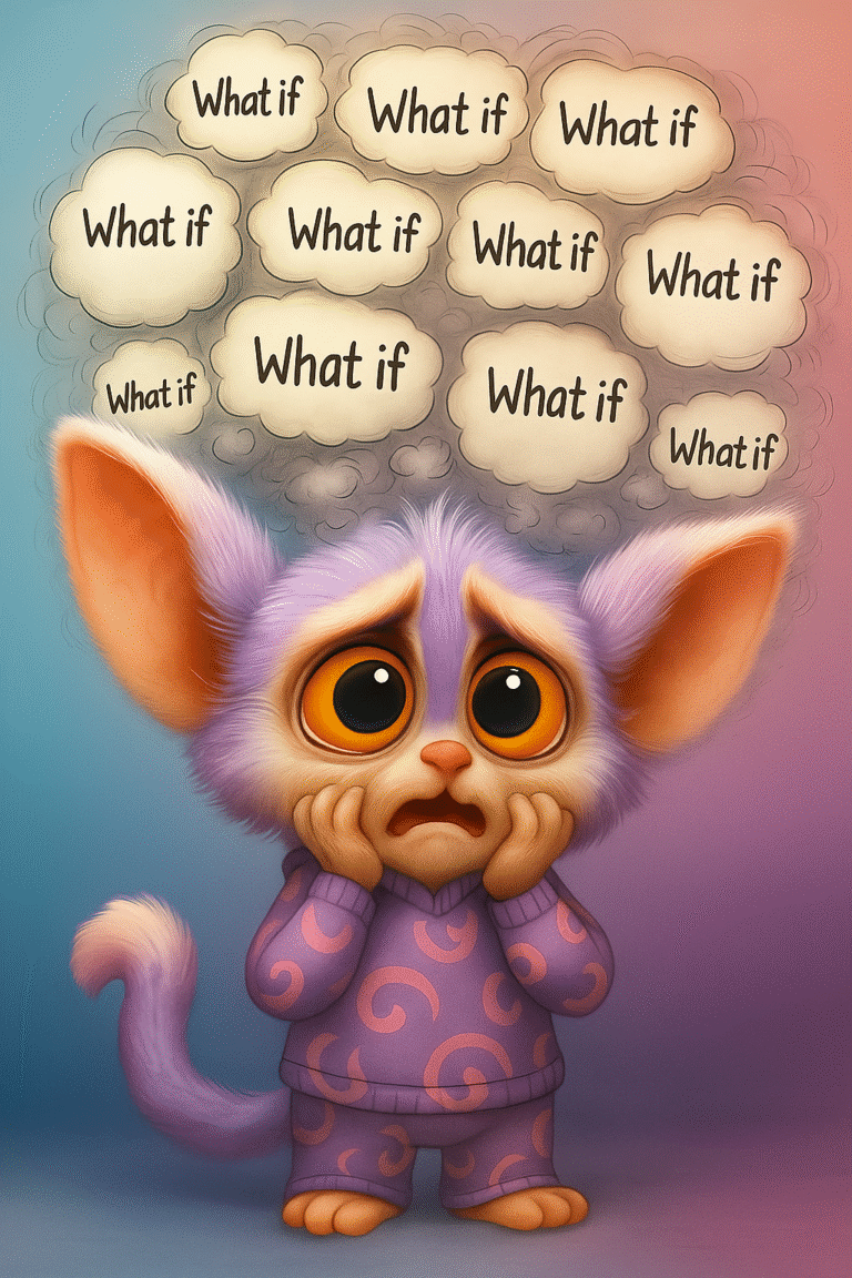 Illustration of a worried bush baby overwhelmed by anxious 'What if' thoughts — visual metaphor for anxiety cycles and overthinking"