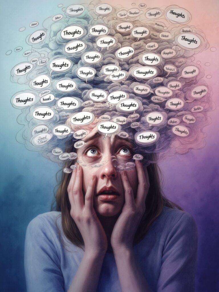 Distressed-woman-holding-her-face-as-hundreds-of-swirling-thought-bubbles-crowd-around-her-head.