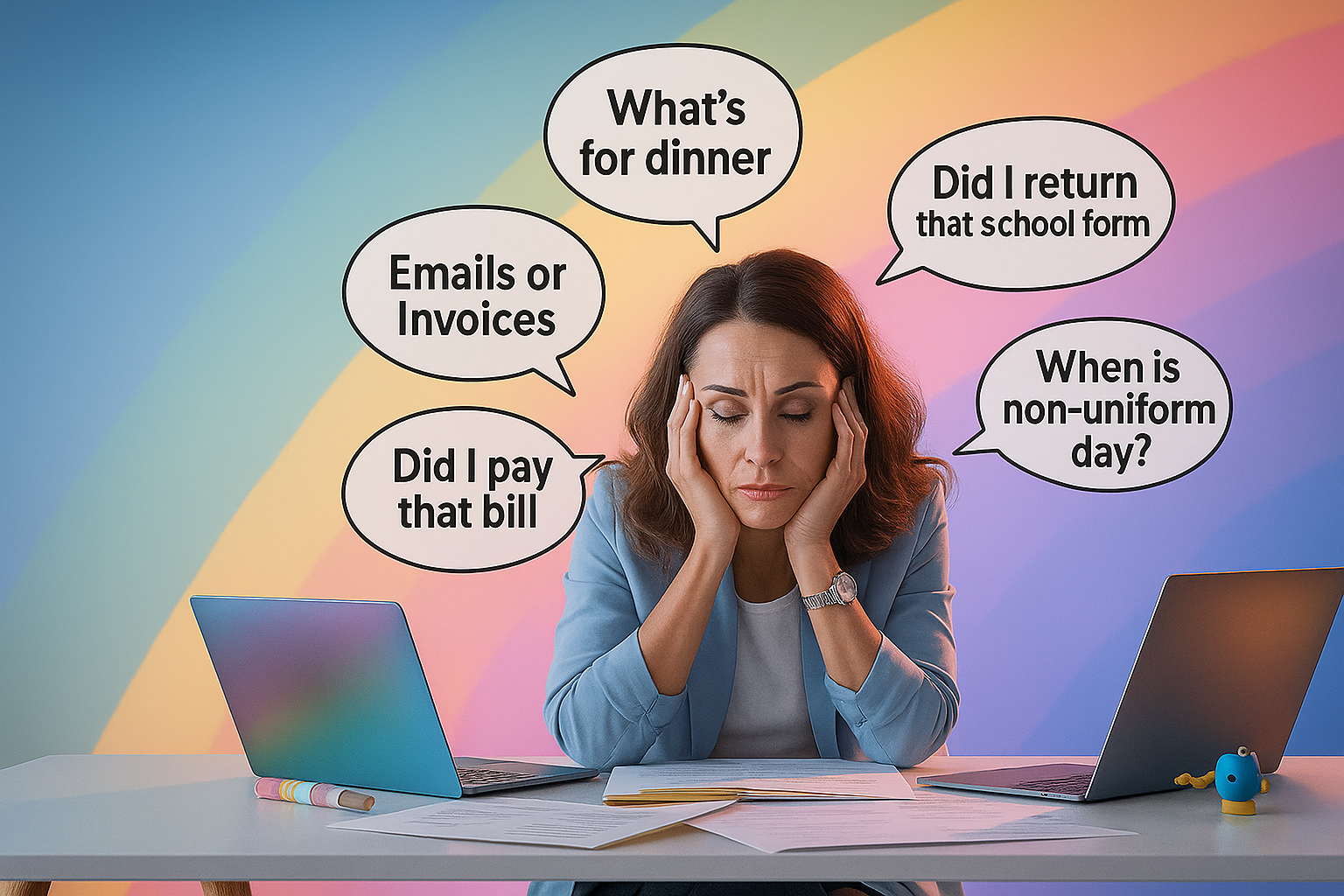 Overwhelmed mom sitting at a desk with laptops and paperwork, surrounded by thought bubbles showing mental load questions like ‘What’s for dinner?’ and ‘Did I return that school form?’ — representing decision fatigue for moms.