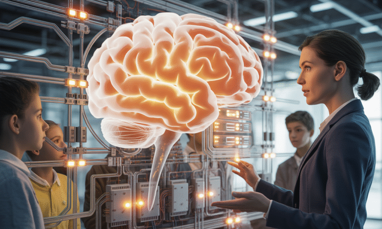 brain with alarm system visualization, glowing neural pathways, scientific illustration