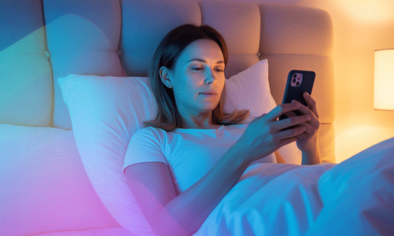 mother lying in bed, phone in hand, doomscrolling at night