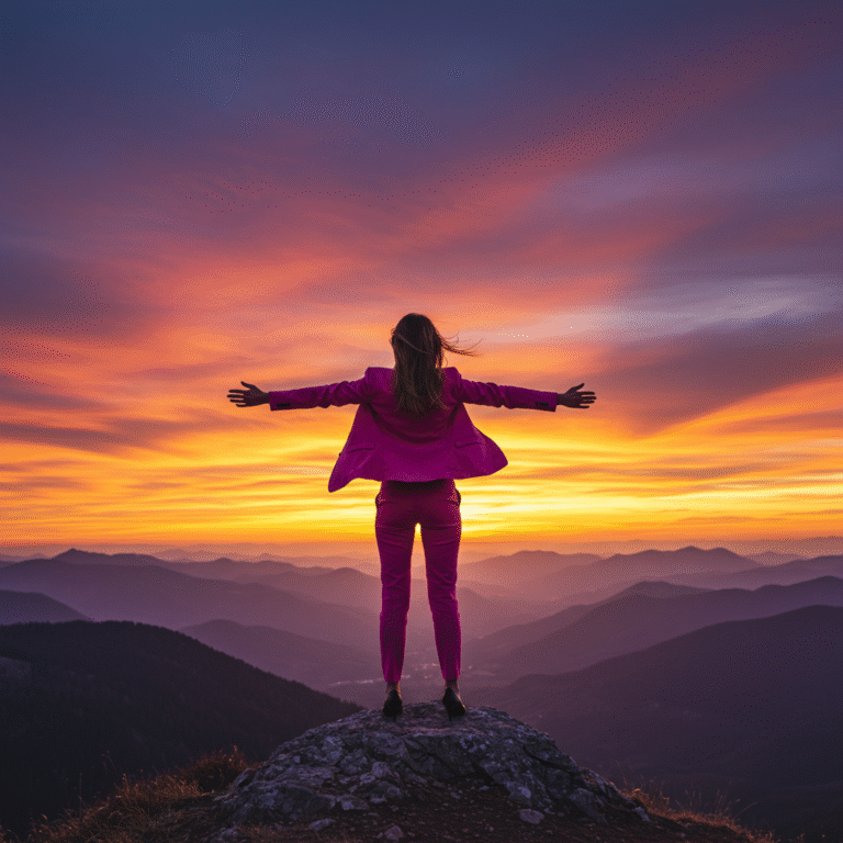 business woman in pink suit on top of a mountain with a colourful sunset demonstartiong building self trust