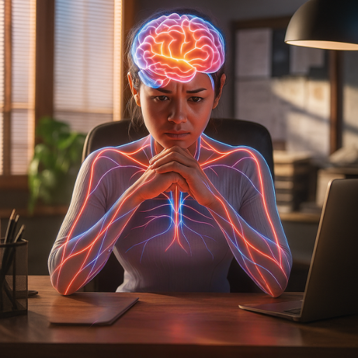 entrepreneur woman looking guilty at laptop, home office, conflicted expression