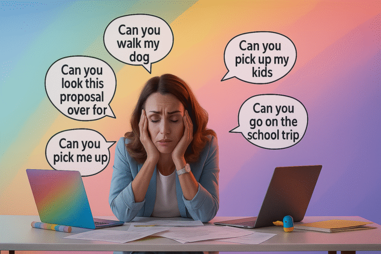 A mother and business woman looking drained by constant favors and last-minute requests