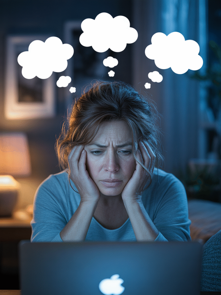 Stressed mom sitting at her laptop in the evening, holding her head in her hands with multiple thought bubbles around her, showing mental overload and exhaustion.