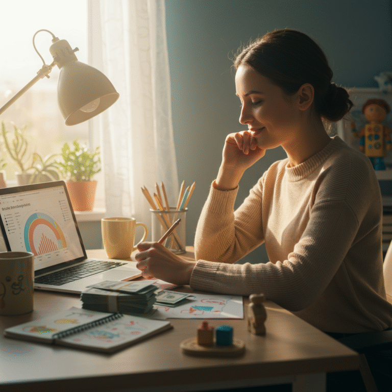 A calm mom entrepreneur sitting at her desk with a laptop, planner, and money charts, reflecting on her finances while building confidence in making money.