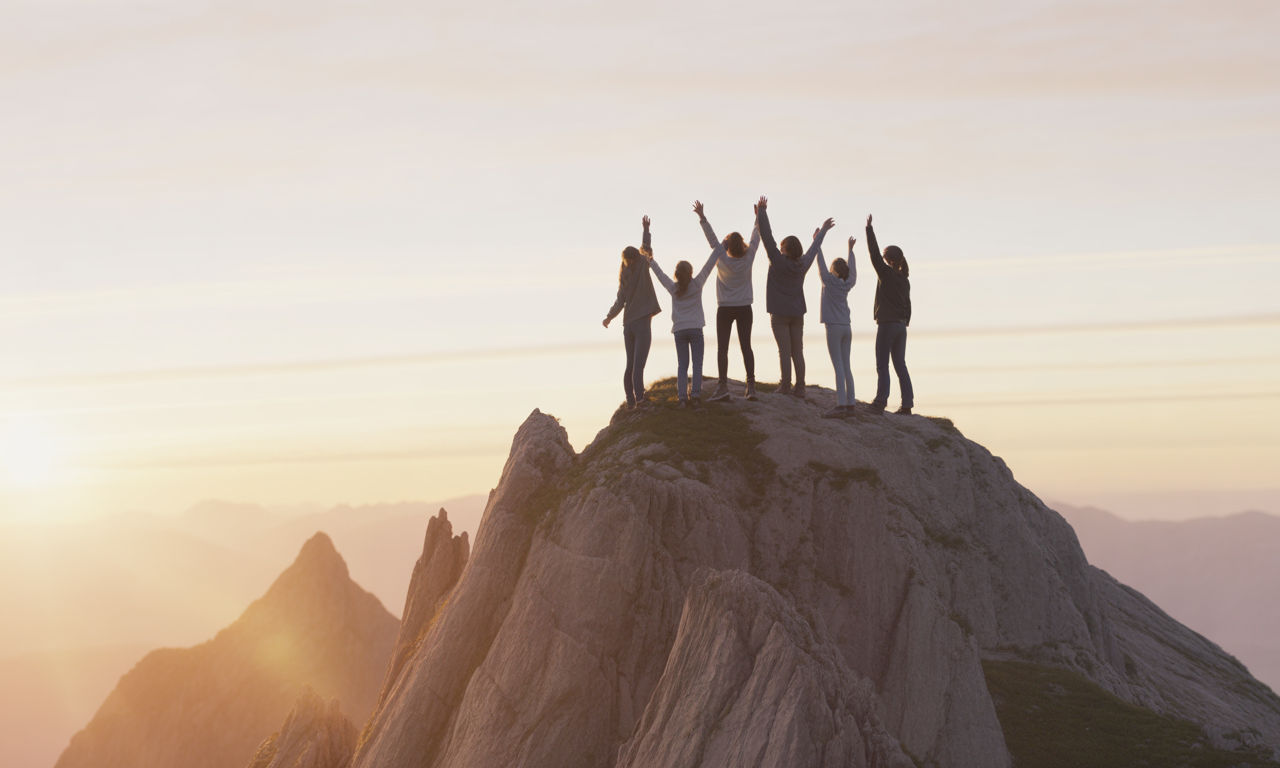 Women raising their arms on a mountaintop at sunrise, symbolizing resilience, confidence, and self-trust for woman entrepreneurs.