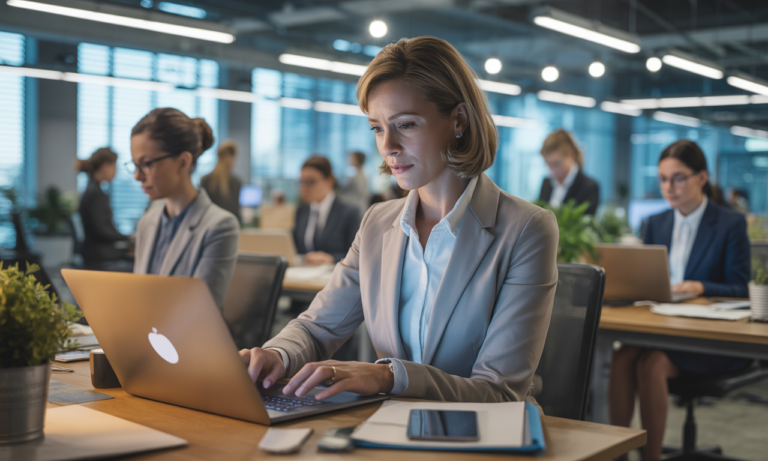 A calm, focused woman working at a laptop in an office, representing calm authority, clarity, and professional presence.