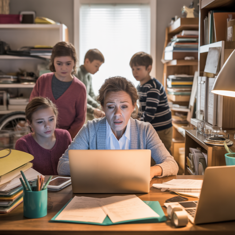 A mom entrepreneur sits at a desk looking overwhelmed by her laptop and paperwork while her children gather behind her, illustrating the mental load, interruptions, and pressure of balancing business and family.
