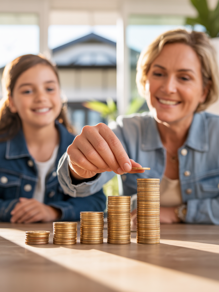 A mom entrepreneur stacking coins with her child, representing micro wins, steady progress, and small actions that build financial momentum.
