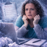 Why does perfectionism make me freeze instead of try harder - a business woman frozen int time looking at her to do list