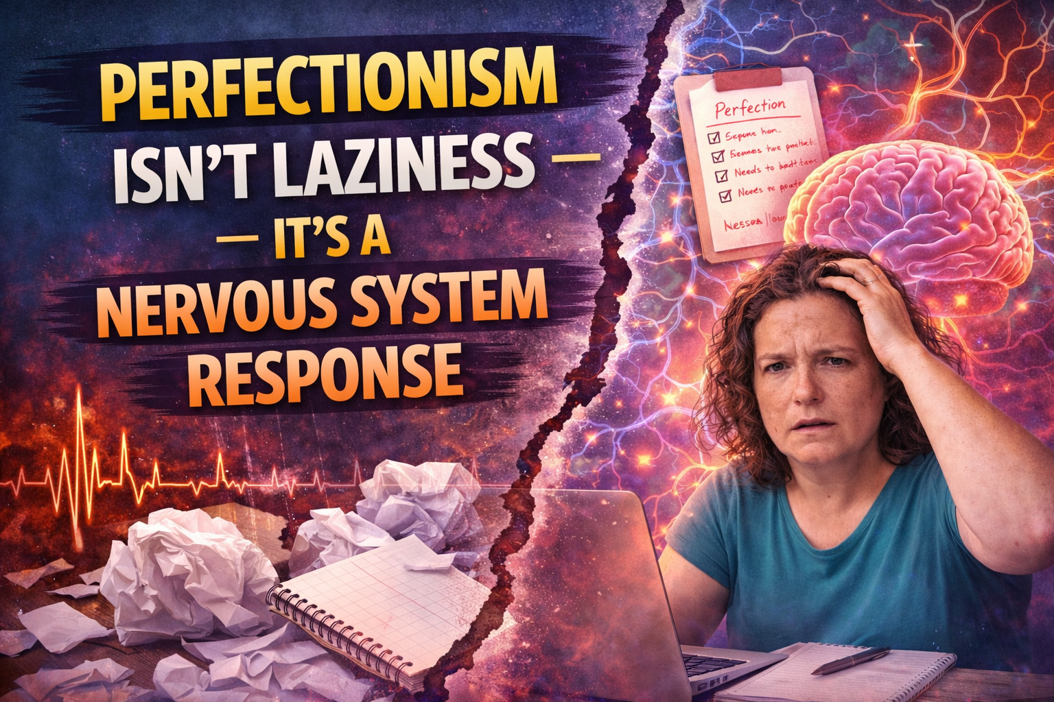 Woman at a laptop looking overwhelmed, holding her head, with an illustrated brain and checklist behind her and the text ‘Perfectionism in Business isn’t laziness — it’s a nervous system response.