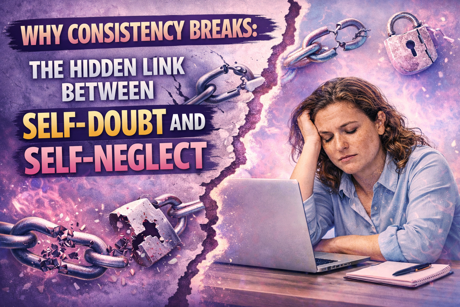 A stressed and tired looking woman in front of a laptop demonstrating how consistency breaks and the link between self doubt and self-neglect