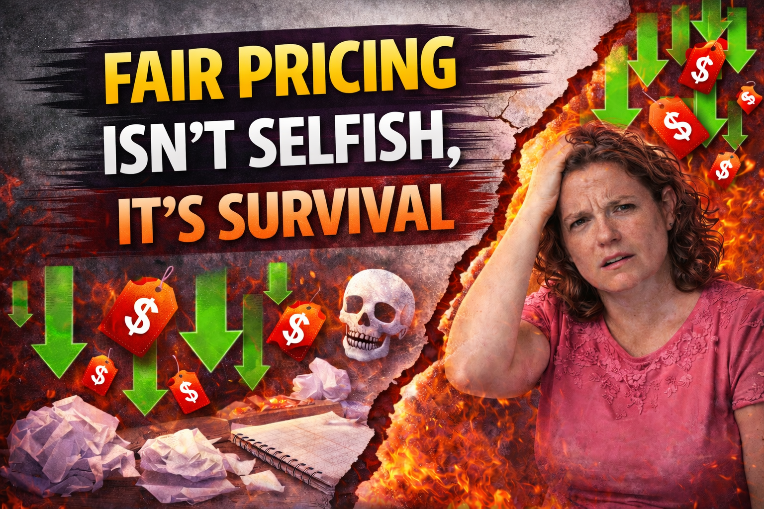 Stressed mum holding her head surrounded by falling price tags and downward arrows with text “Fair Pricing Isn’t Selfish, It’s Survival,” symbolising burnout from undercharging in business and showing How to Price Your Services Without Burning Out.