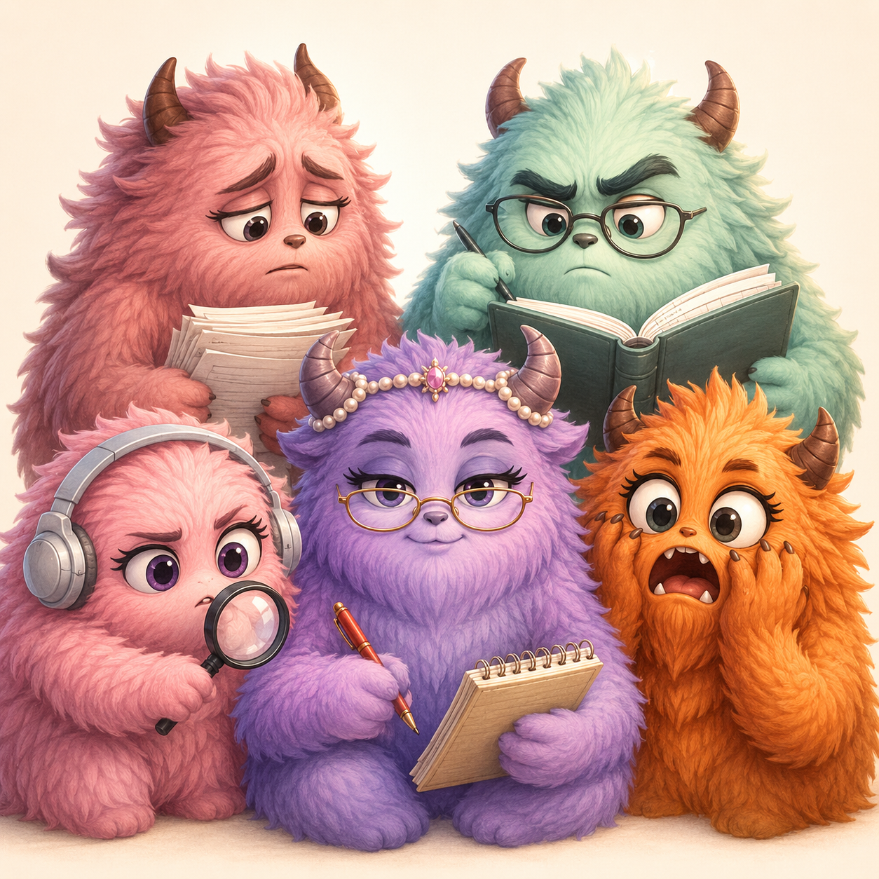 Five fuzzy monster characters representing your inner critic voices